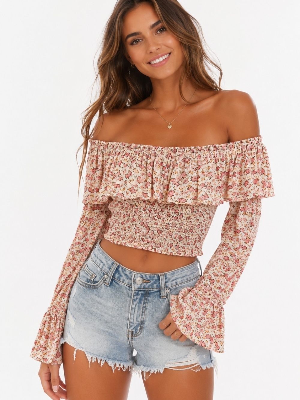 Urban Outfitters Kimchi Blue Floral Off Shoulder Smocked Crop Top Large - Picture 1 of 7